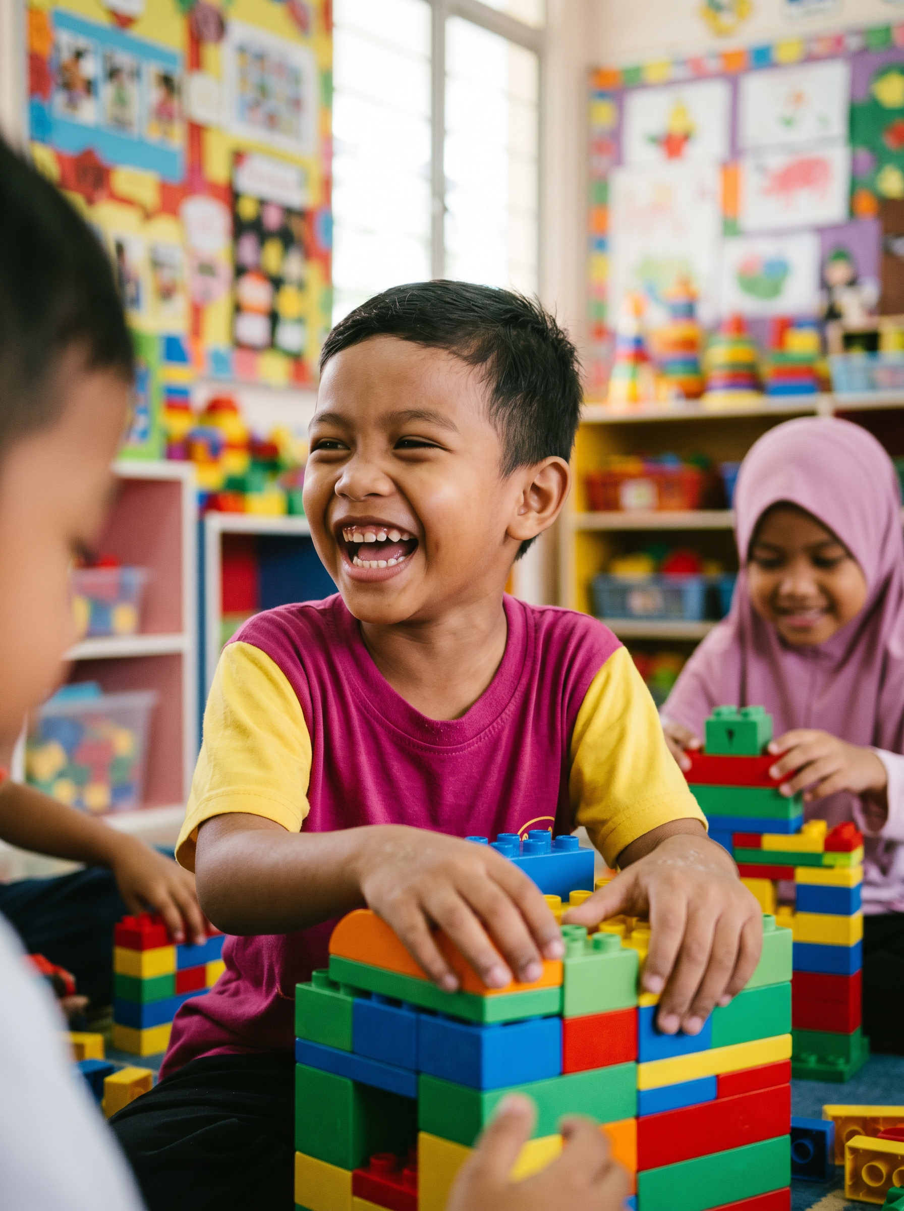 Young boy laughing and playing with building blocks in a colorful classroom